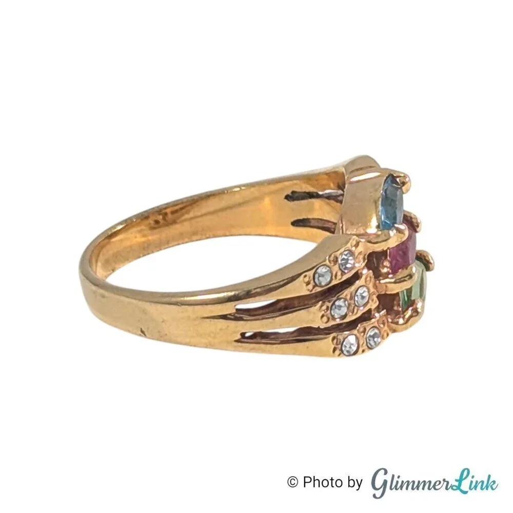 VTG Multicolor Crystals Rhinestone Gold Tone Costume Cocktail Ring Size 8 3/4